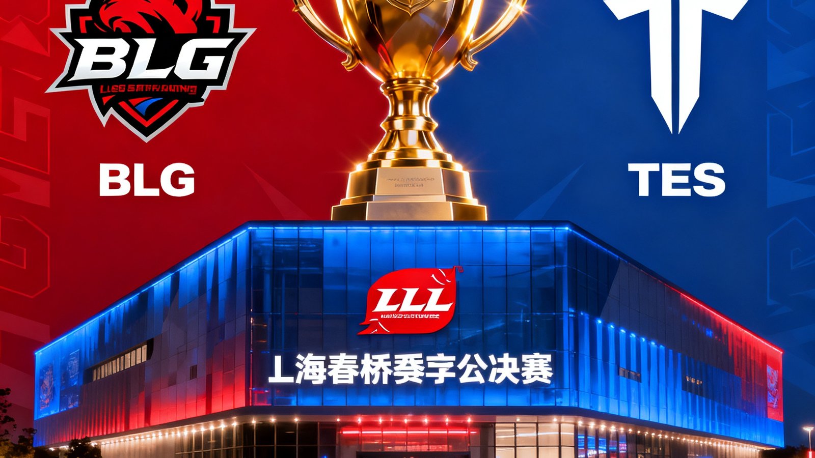 BLG对阵TES半决赛的赛前对阵海报，两支战队队徽分列左右，中间是LPL春季赛季后赛的金色奖杯图标，背景为上海虹桥天地演艺中心外观